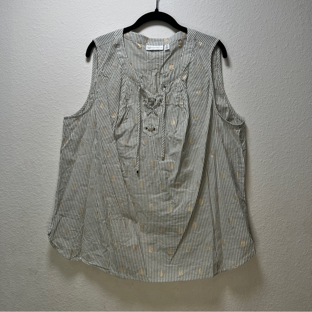 Rafaella Gray and White Sleeveless Blouse with Tie Front